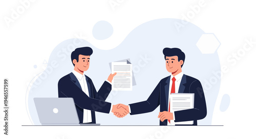 Businessmen shaking hands over documents, closing a deal, partnership agreement