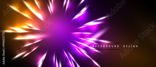 Bright radial burst. Vivid purple, orange hues radiate from central point against black backdrop. Dynamic, energetic visual effect.