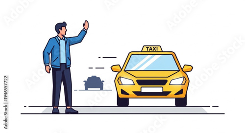 Man Hailing Yellow Taxi Cab.