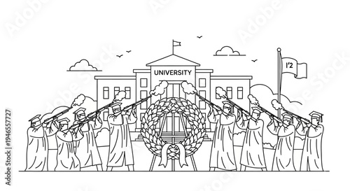 Graduation ceremony with trumpeters and university building, celebrating academic achievement.