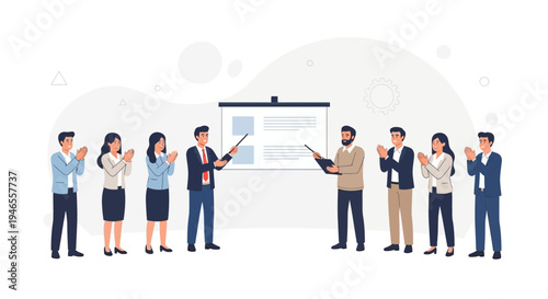 Business meeting presentation success, team applauds speaker by whiteboard