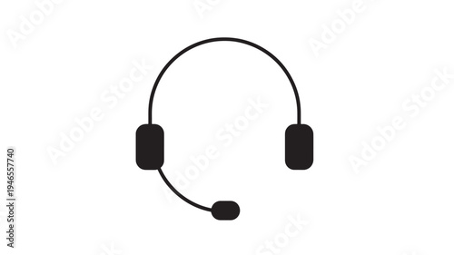 Headset icon with microphone and earpieces, a simple black silhouette on a white background, perfect for communication or technology concepts.