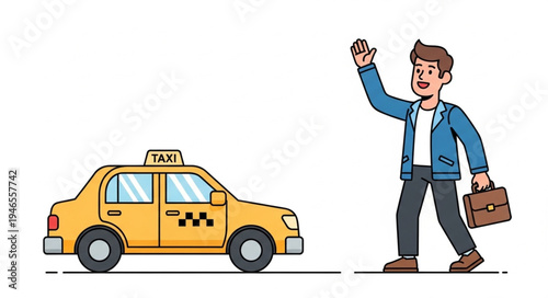 Man Hailing Yellow Taxi Cab.