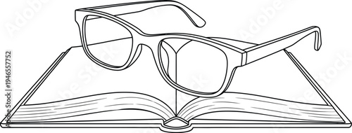 A detailed line drawing of glasses resting on an open book