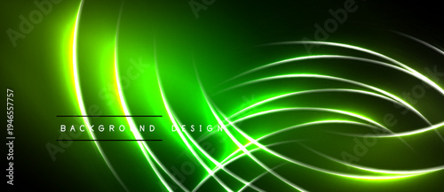 Abstract green neon lines over black background. Dynamic curves create modern visual effect. Bright illumination, smooth gradients present.