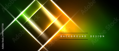 Abstract neon lights form geometric shapes. Vibrant gradients blend green, orange, yellow hues. Dark background emphasizes glowing lines.
