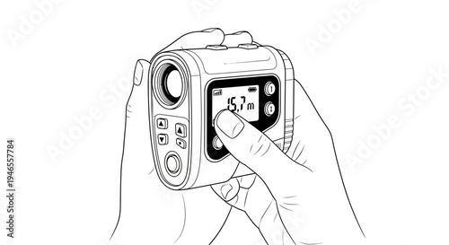 Hand holding golf laser rangefinder, measuring distance on golf course, golf equipment