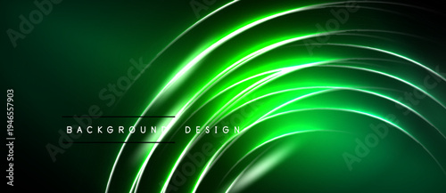 Dark green background features bright neon lines. Curved shapes create dynamic visual effect. Modern design element for projects.