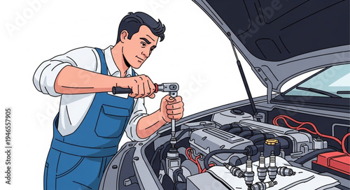 Mechanic working on car engine.