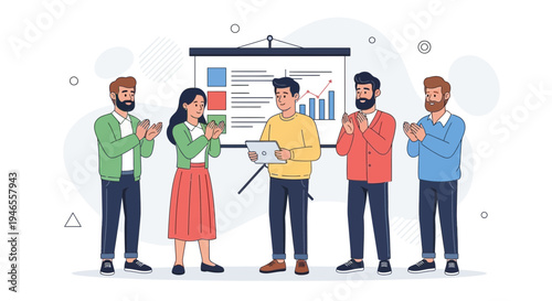 Team Applauding Presentation Success: Business Meeting Achievement and Collaboration