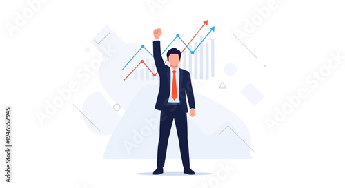 Businessman celebrating success with rising stock market graph and arrows