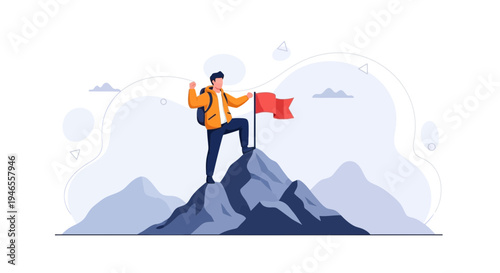 Man on Mountain Peak with Flag, Symbolizing Success and Achievement