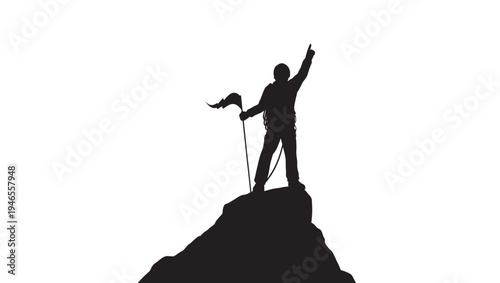 Climber silhouette standing on mountain peak with flag and pointing finger to the sky, victory and achievement