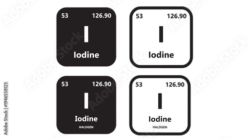 Iodine element symbols with atomic number 53 and mass 126.90 in black and white square icons featuring symbol, chemistry, science with periodic table