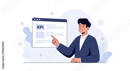 Businessman pointing at KPI dashboard on computer screen, business analytics concept