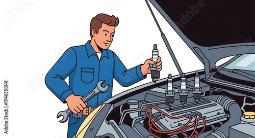 Mechanic Working on Car Engine.