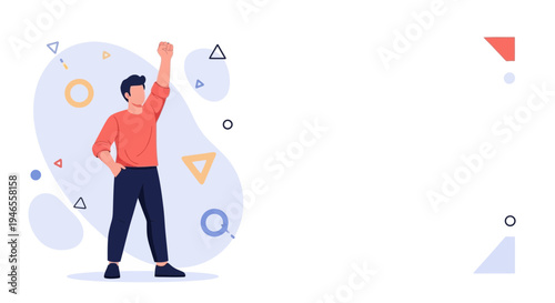 Man celebrating success with fist raised, abstract shapes background, victory concept