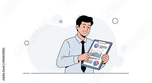 Businessman presenting financial report with charts and graphs on clipboard