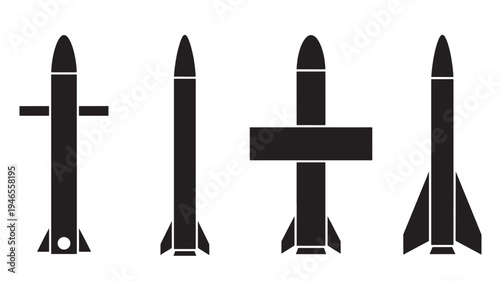 Rockets set with various fins and warhead shapes for military or space exploration icon designs. featuring rocket, missile, spacecraft with launch