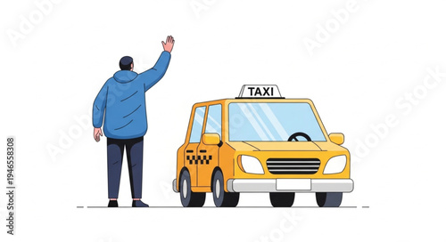 Man Hailing Yellow Taxi Cab.