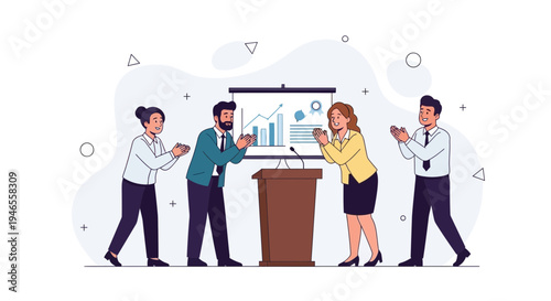 Business meeting success, team applauding speaker at presentation with charts