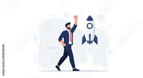 Businessman celebrating success with rocket launch, startup concept