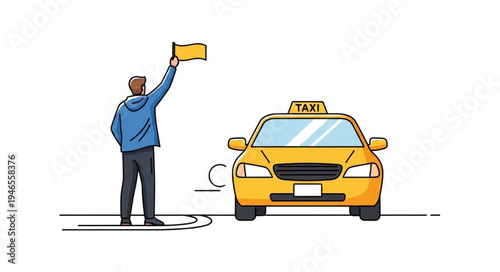 Man Hailing Yellow Taxi Cab.