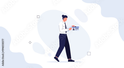 Business man walking with documents, modern flat illustration, office worker carrying files