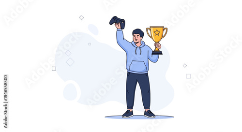 Gamer celebrates victory holding trophy and game controller, esports concept
