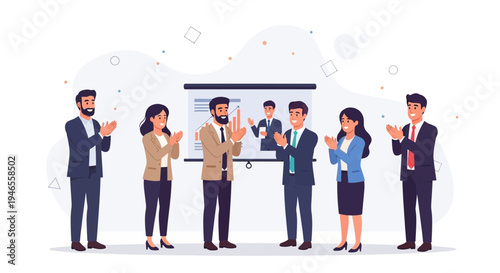 Business team applauding successful presentation, celebrating achievement, teamwork, corporate success.