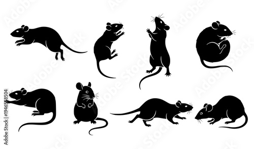 Black rat and mouse silhouette vector icons set with rodent animal clipart for digital design