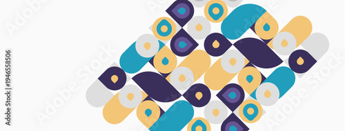 Abstract geometric pattern. Shapes include circles, squares, teardrops. Colors are blue, purple, yellow, white. Minimalist design.