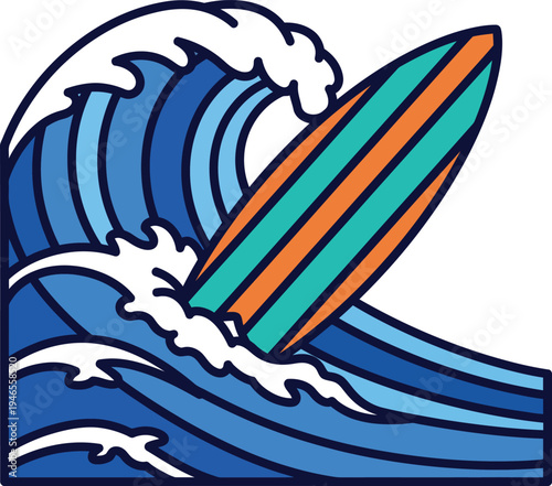 Surfboard Riding Big Ocean Wave Illustration.