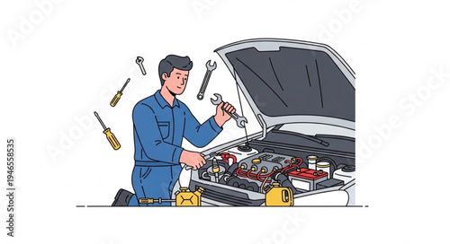 Mechanic working on car engine.