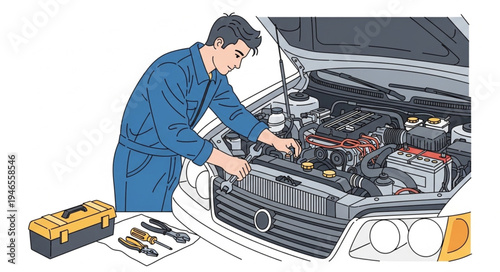 Mechanic Working on Car Engine.