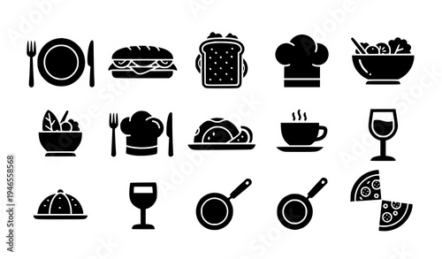 Food and cutlery black icons plate sandwich salad restaurant vector set