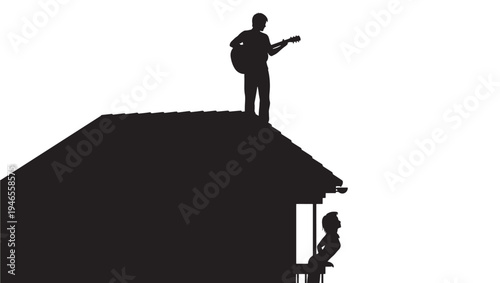 Man playing guitar silhouette on a rooftop with a woman watching from a balcony below against a bright white background.