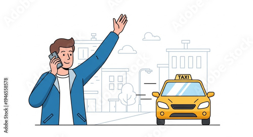 Man Hailing Yellow Taxi Cab.