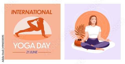 Yoga, lotus pose. yoga day,  set of square posters, banner, vector