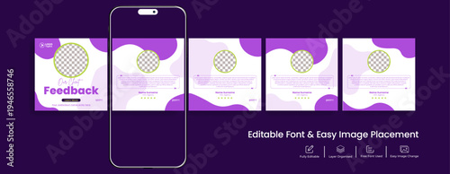 Trendy Customer Feedback Testimonial Carousel Post Templates Bundle for Influencers and Content Creators, Editable Instagram Review Slides, Marketing Banner Set and Square Flyer Poster Pack design