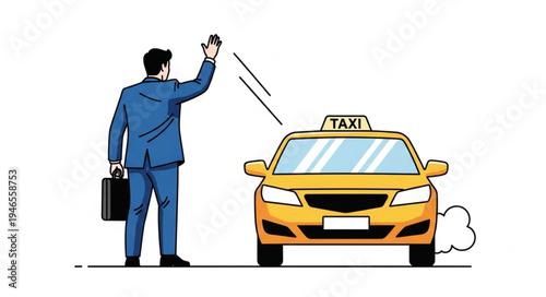 Man Hailing Yellow Taxi Cab.
