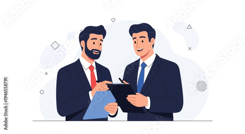 Two businessmen in suits discussing documents and planning strategy, teamwork concept.