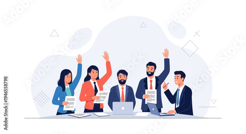 Business Meeting: Team Raising Hands for Vote or Idea, Collaboration, Discussion