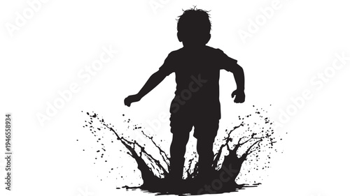 Silhouette of a child jumping in a muddy puddle creating a splash on a white background, illustrative style.