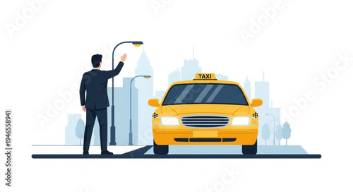 Man hailing yellow taxi cab.