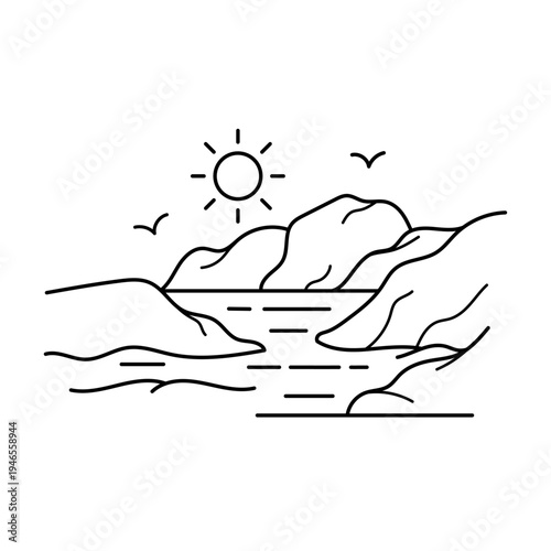 Illustration vectorielle minimaliste d’un paysage côtier breton avec rochers, mer calme, soleil et oiseaux marins. Dessin en line art évoquant le littoral de Bretagne et l’océan Atlantique.