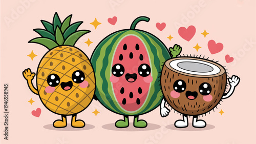 Cheerful cartoon fruits with smiling faces and hearts pineapple watermelon coconut illustration