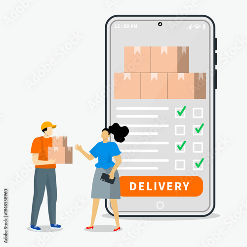 Courier delivering packages to customer with smartphone delivery checklist, representing online shopping, ecommerce shipping service, parcel tracking, and logistics process