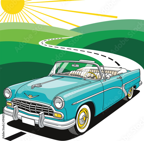 Vintage Teal Convertible Classic Automobile Driving.