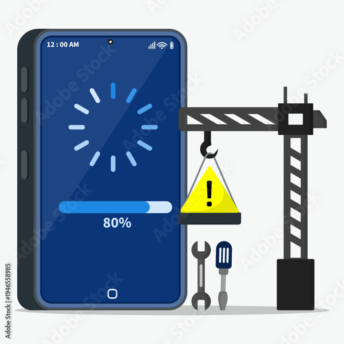 Smartphone system update and maintenance concept with loading progress, tools, and warning sign, representing mobile software upgrade, repair process, and technology service.